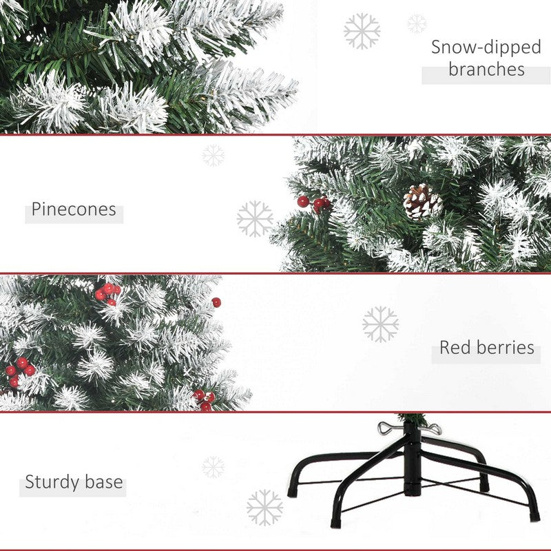 6FT Artificial Christmas Tree Foldable Feet Xmas Pencil Tree with Red Berries and Pinecones