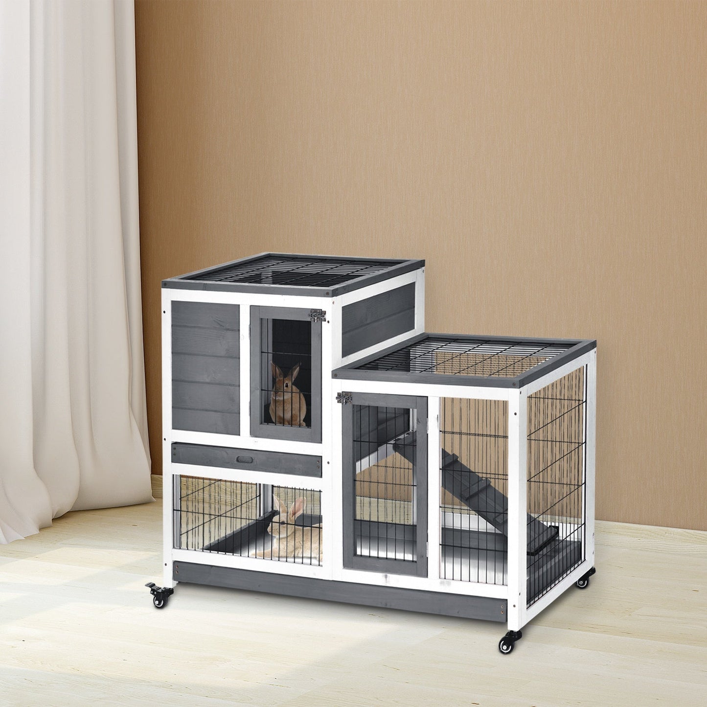 PawHut Small Animals 2-Tier Fir Wood Rabbit Hutch Indoor Grey