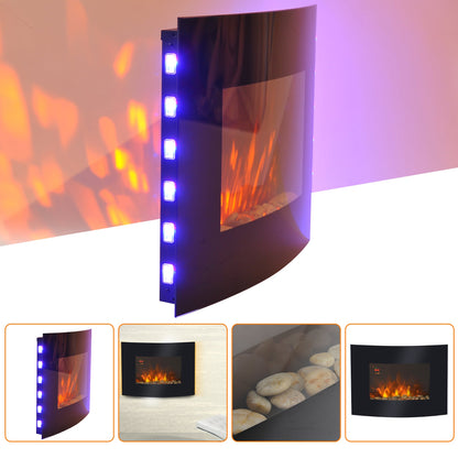 900/1800W LED Curved Glass Electric Wall Mounted Fire Place-Black