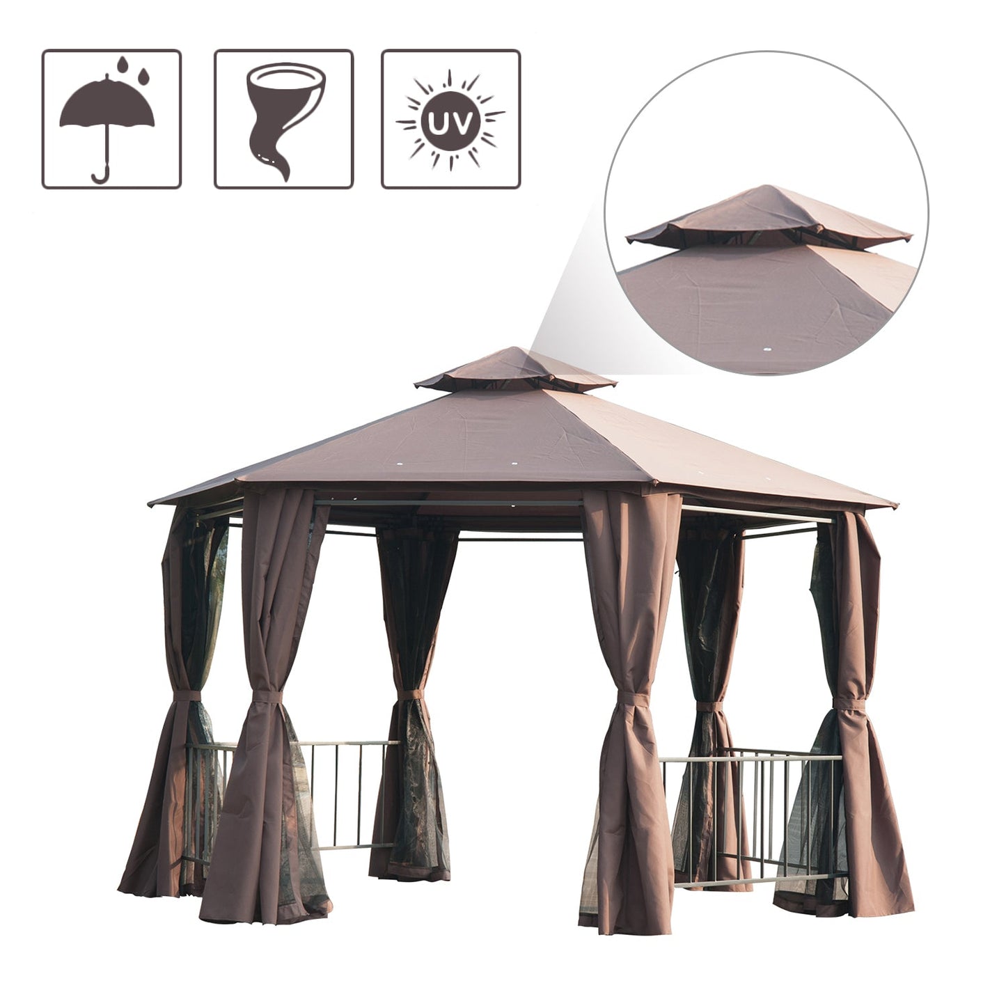 3 x 3M Hexagon Gazebo Patio Canopy Party Tent Outdoor Garden Shelter w/ 2 Tier Roof & Side Panel - Brown