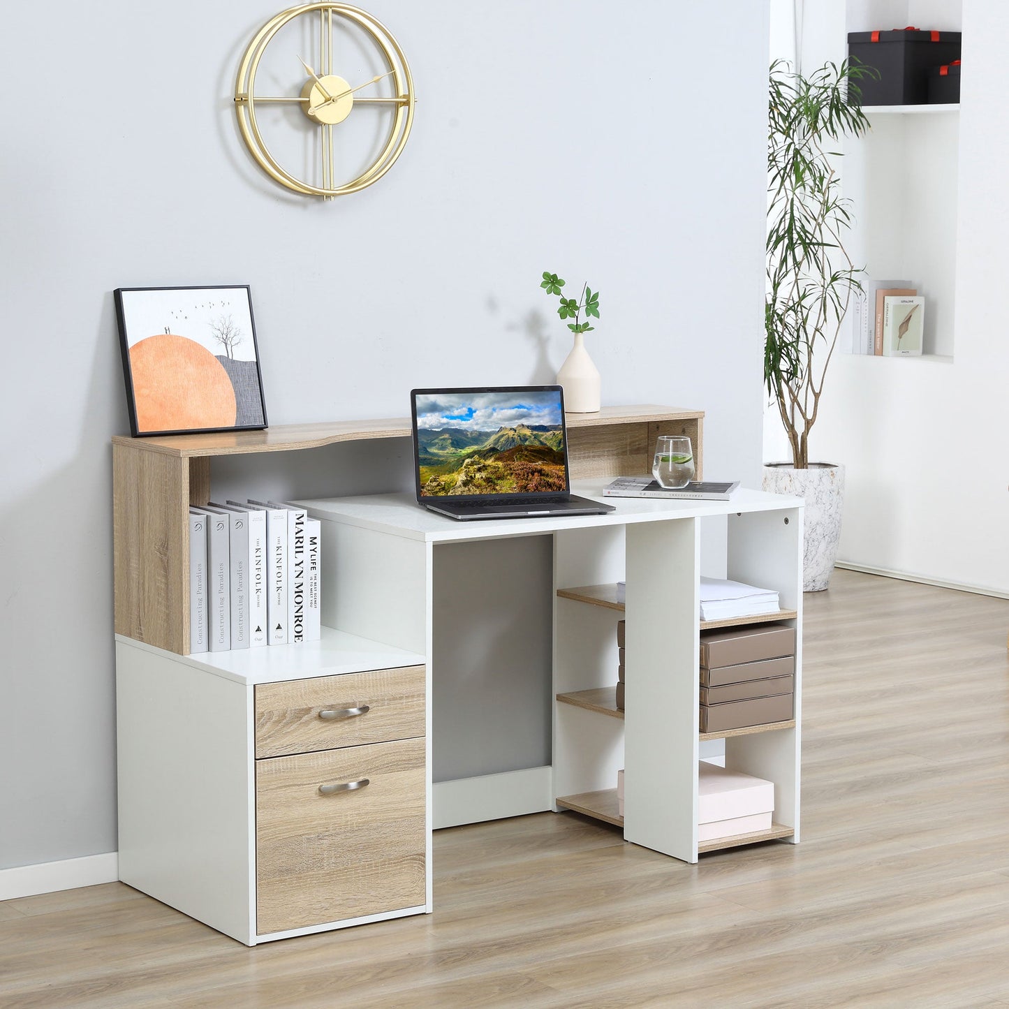 Computer Desk PC Table Modern Home Office Writing Workstation Furniture Printer Shelf Rack w/ Storage Drawer & Shelves Oak and white