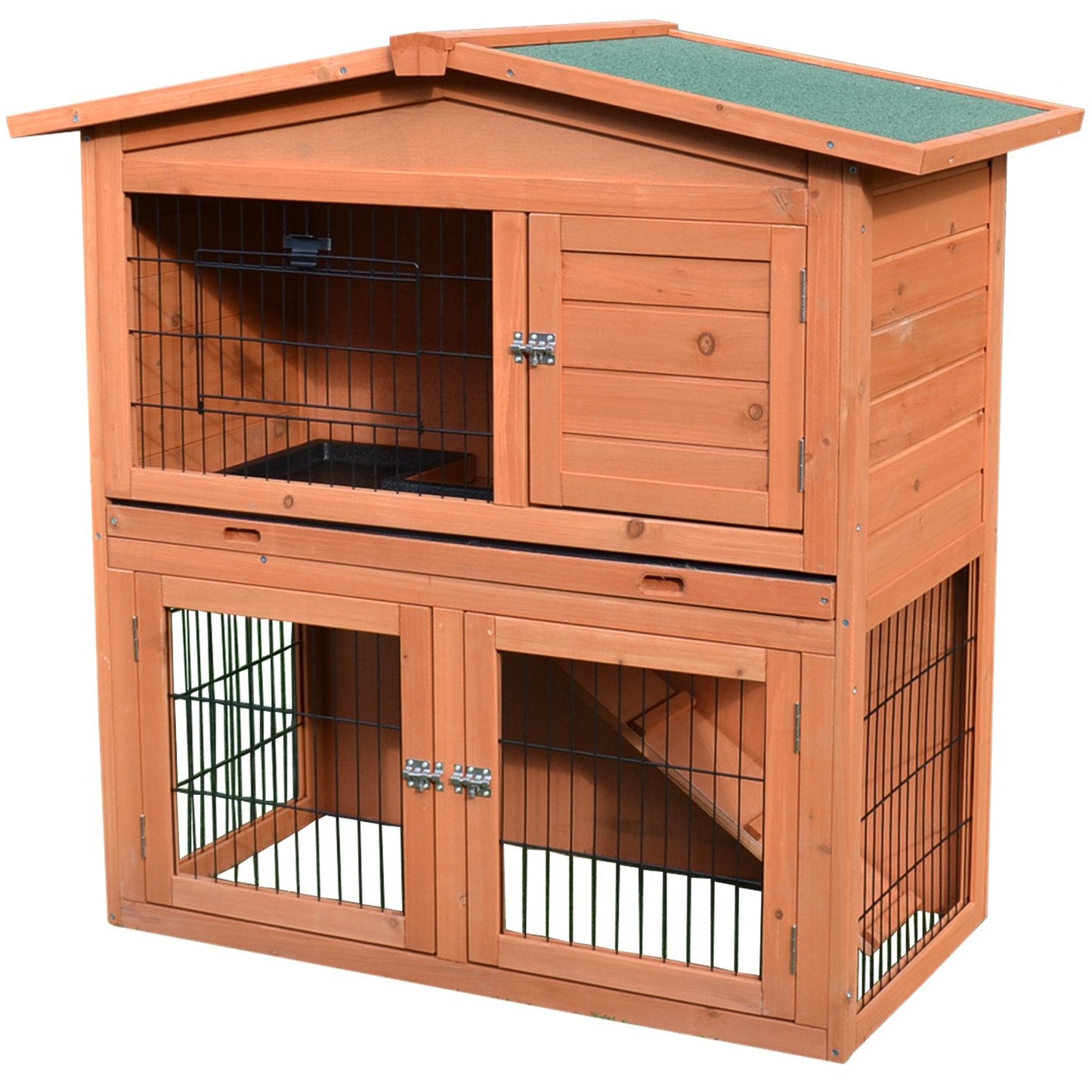 PawHut  2 Tier Outdoor Rabbit Small Animal Enclosure with Ramp Tray to Raised Home & Below Run Area