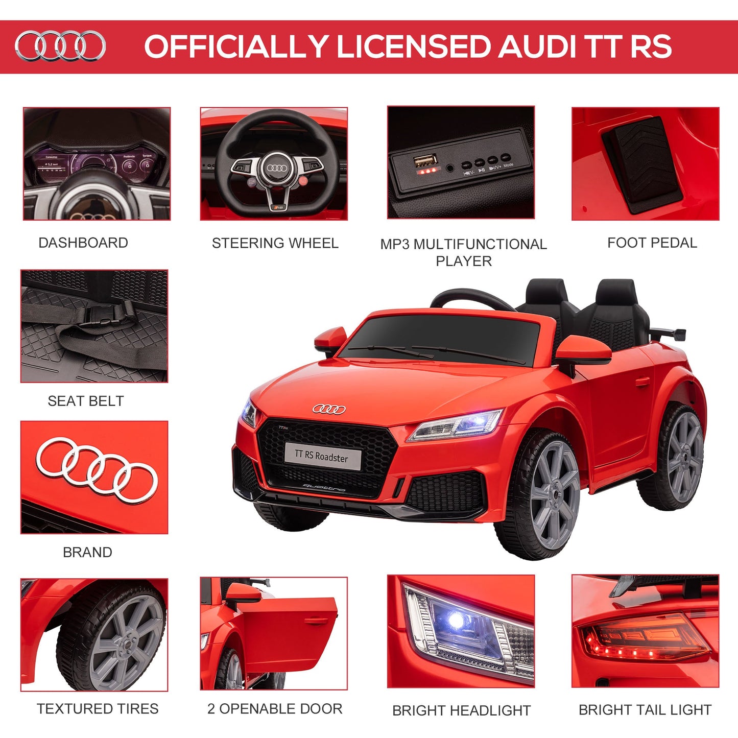 Kids Licensed Audi TT Ride-On Car 12V Battery w/ Remote Suspension Headlights and MP3 Player 2.5-5km/h Red