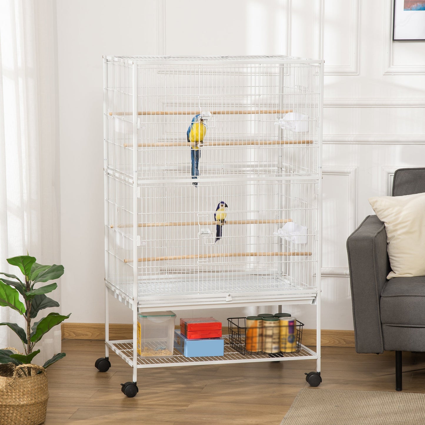 Grille 132cm Bird Cage Wheeled White by Pawhut