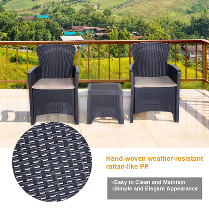 3-Piece Rattan Effect Garden Bistro Set 2 Chairs & Coffee Table Set with Cushion Patio Lawn Balcony Furniture - Dark Brown