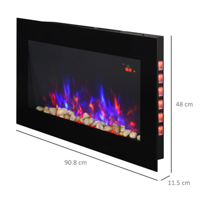 2000W Wall Mounted Tempered Large LED Flat Glass Electric Fireplace Heater Black