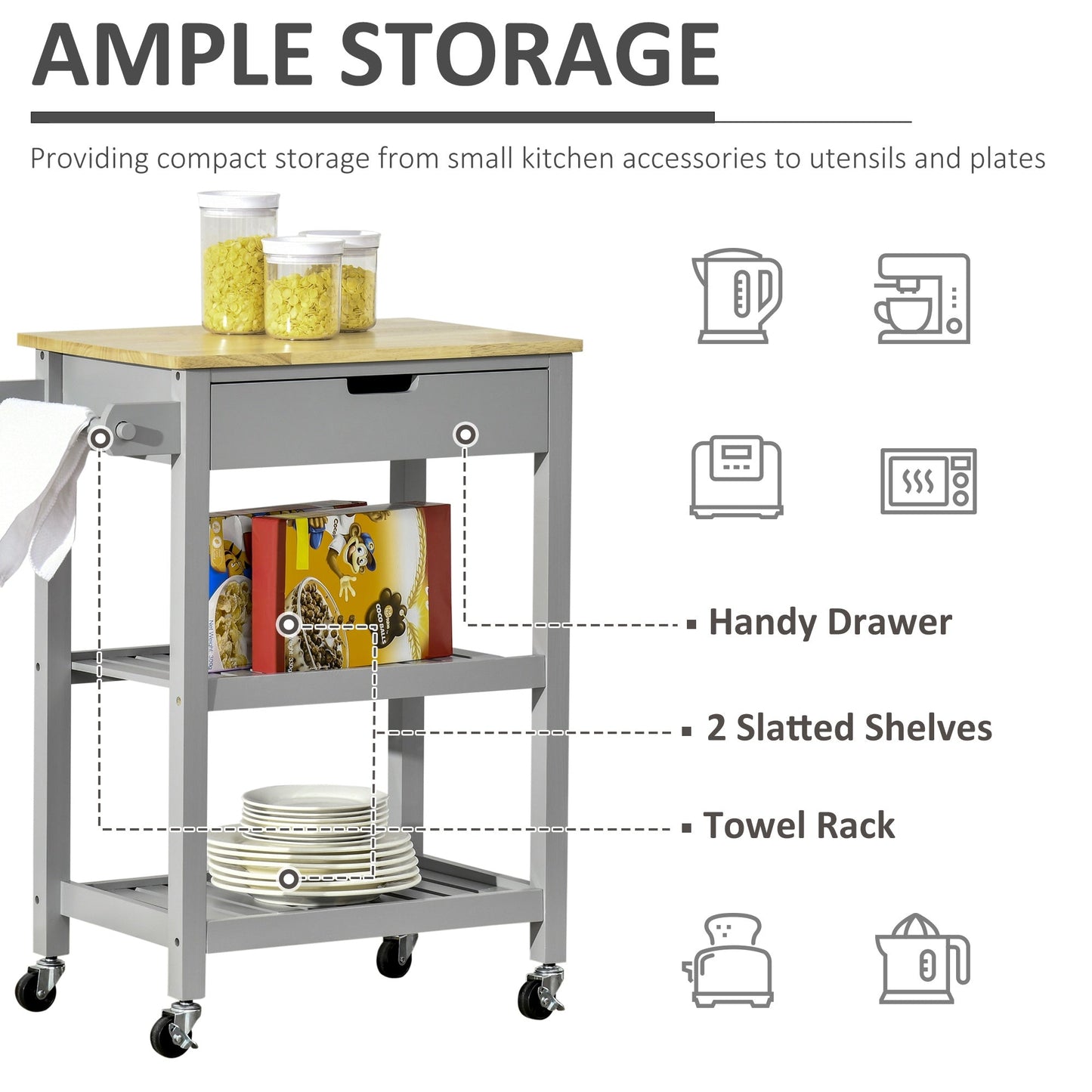 Kitchen Trolley Utility Cart on Wheels with Rubberwood Worktop