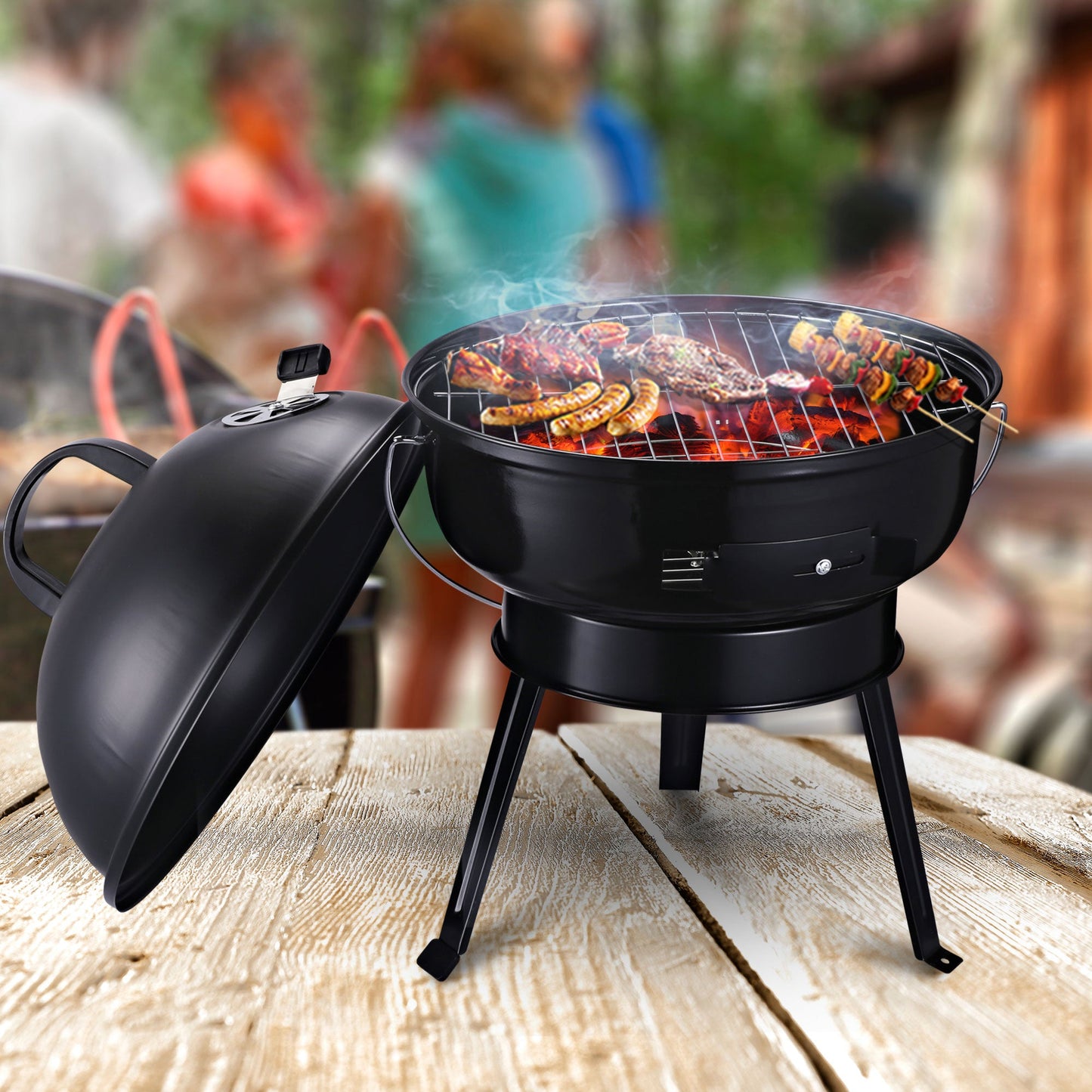 Metal Portable Tripod Charcoal BBQ Grill Black