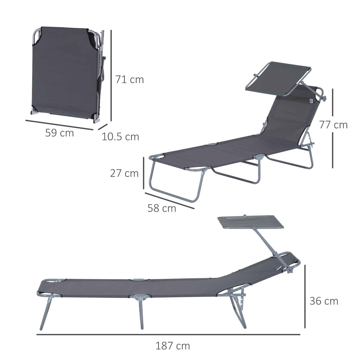 Outsunny Adjustable Lounger Seat with Sun Shade-Grey