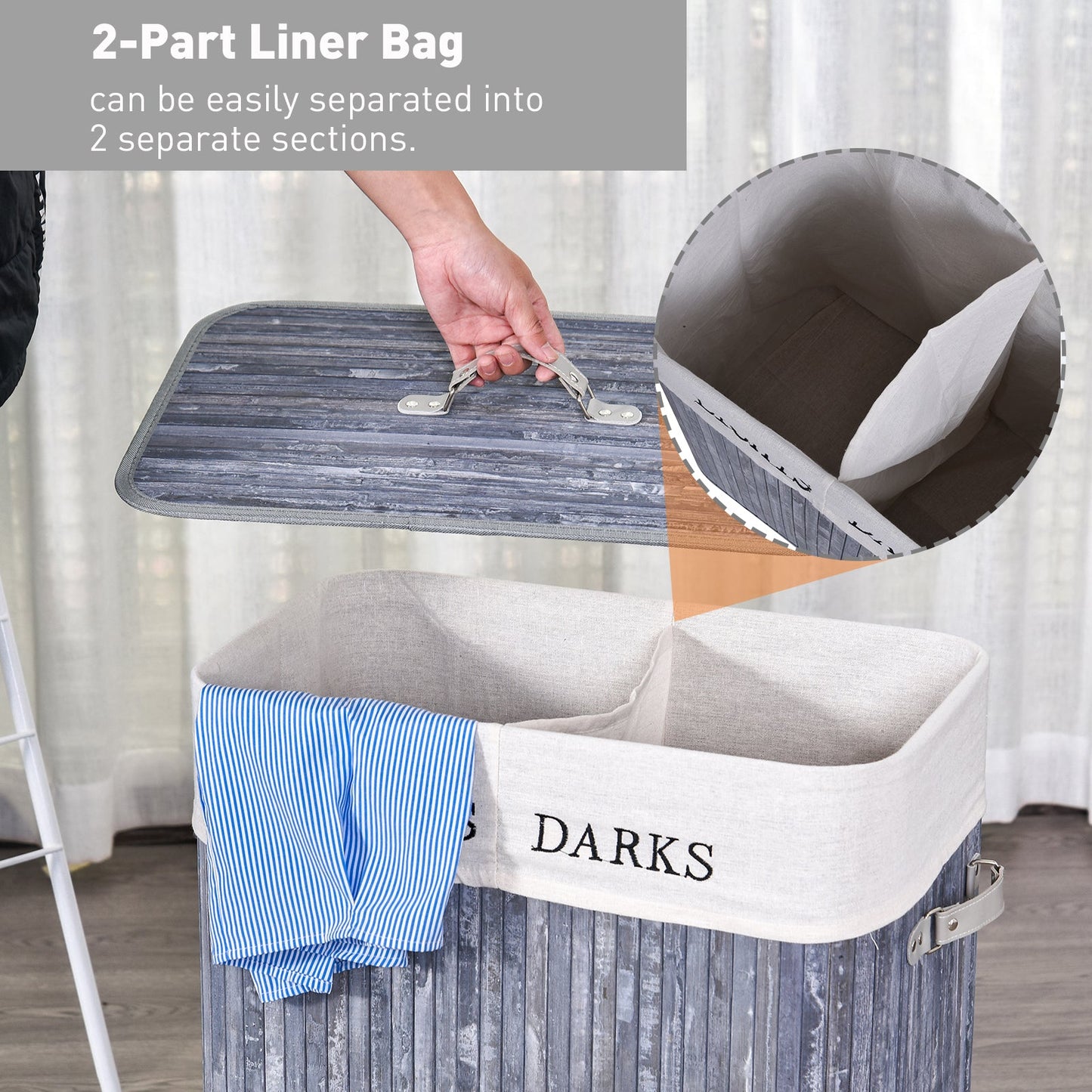 Bamboo Duo-Compartment Laundry Basket Grey