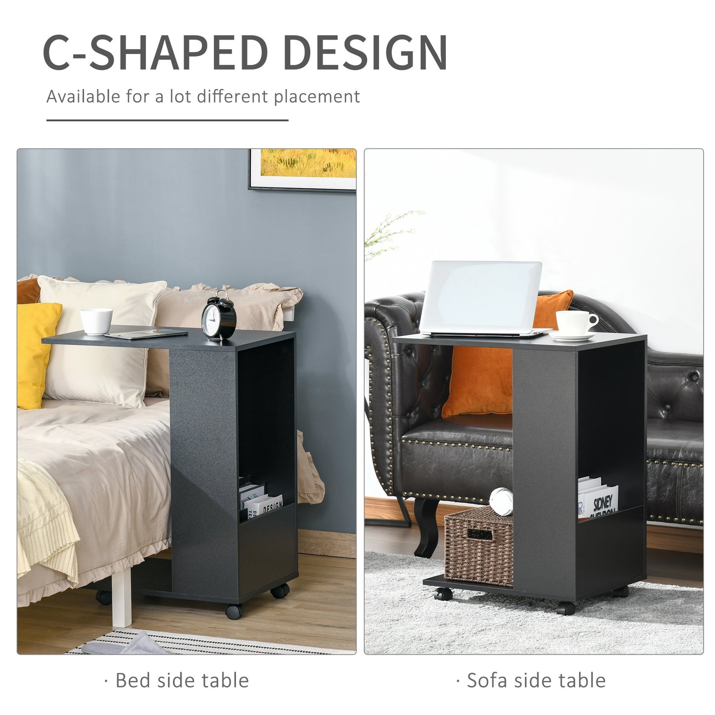 Mobile Sofa Side Table C-Shape End Table with Storage and Casters for Laptop Coffee Snack