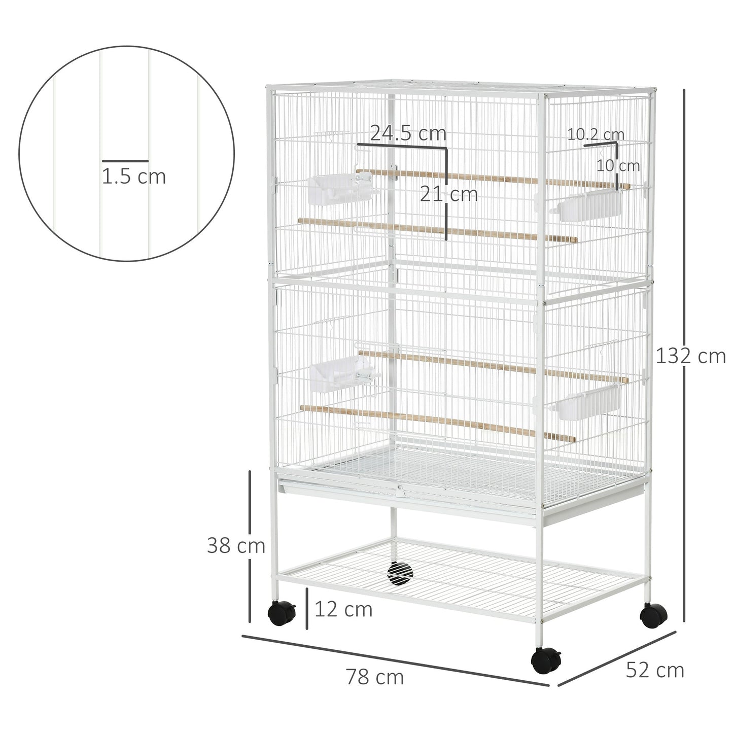 Grille 132cm Bird Cage Wheeled White by Pawhut