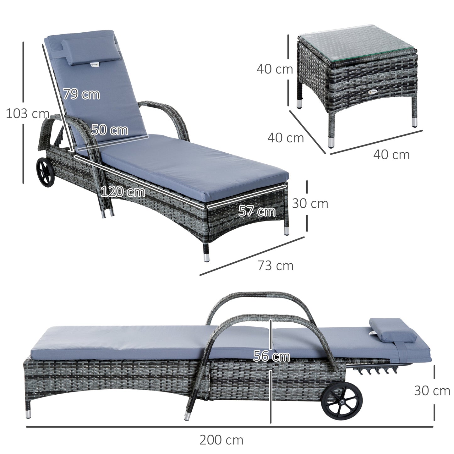 Outsunny Set Of Two Rattan Sun Loungers With Side Table - Grey