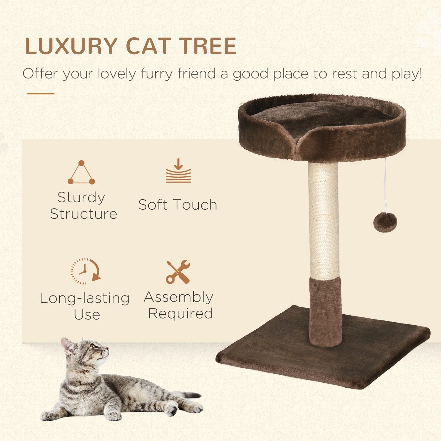 PawHut Small Cat Tree for Indoor Cats with Sisal Scratching Post Kitten Bed Cushion Ball Toy