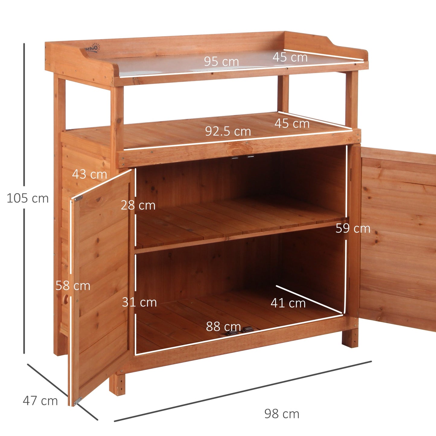 Multi-function Potting Bench Table w/ Storage Cabinet and Galvanized Table Top