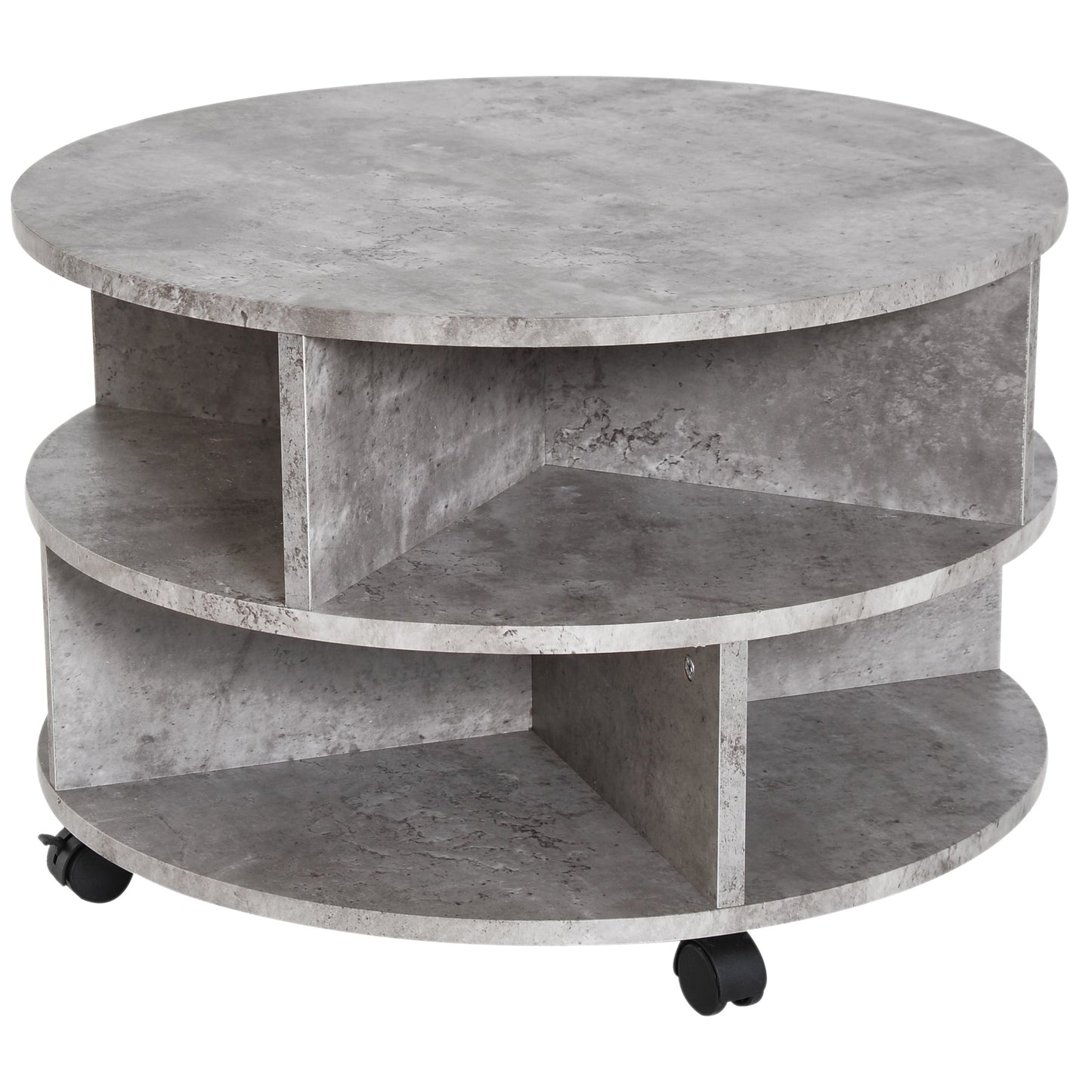 2 Tier Round Side End Table Coffee Desk with Divided Shelves Tea Table Storage Unit Living Room Organiser with Wheels - Cement colour