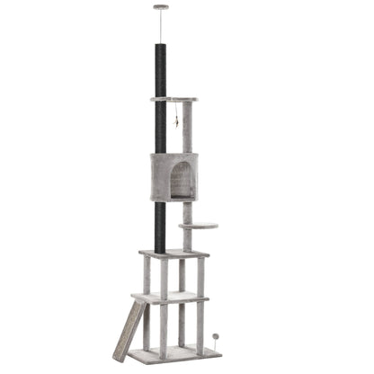 PawHut 255cm Floor To Ceiling Cat Tree for Indoor Cats Climber Scratching Post Adjustable Height Play Tower Removable Cover Grey