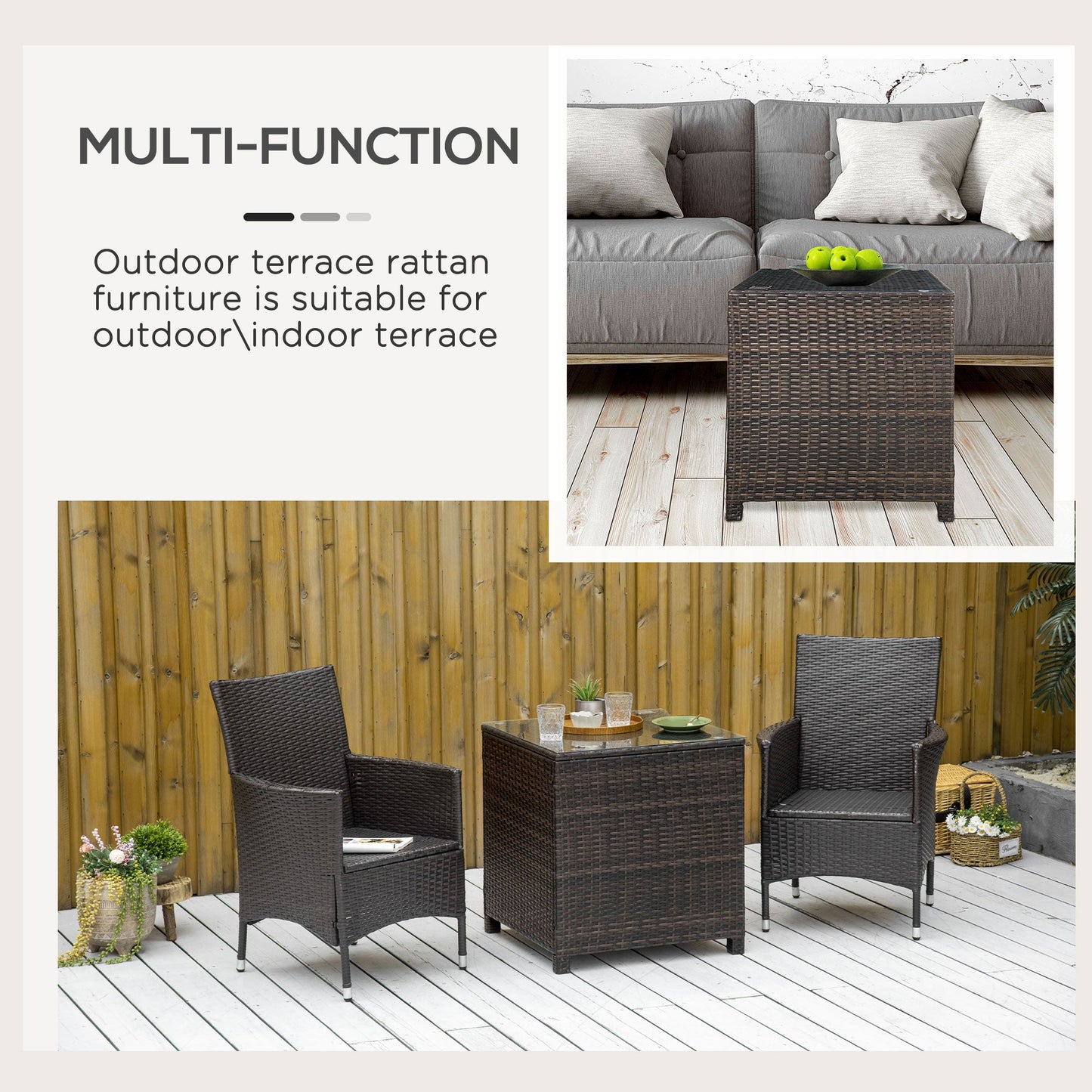 Rattan Garden Furniture Side Table Patio Frame Tempered Glass New - Brown