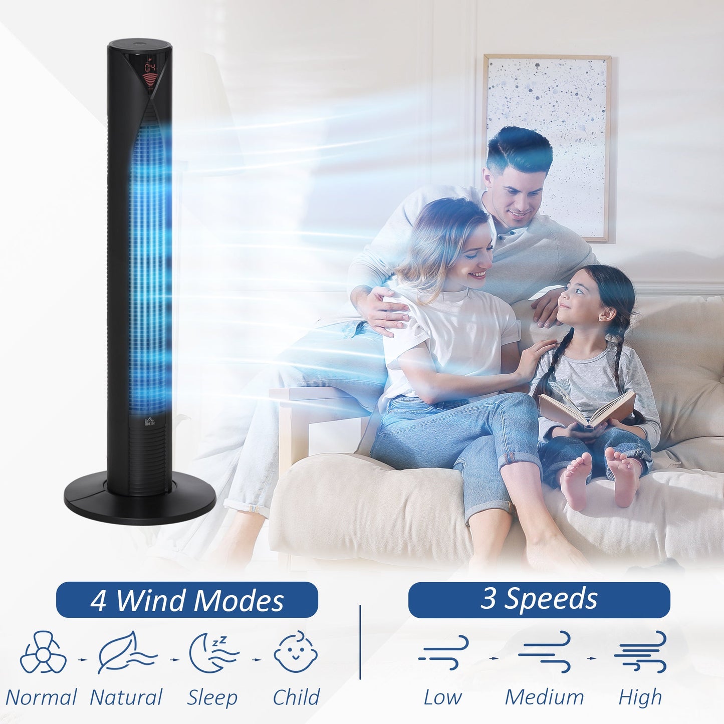 38" Oscillating Tower Fan Remote Control 3 Speed Modes 12-Hour Timer Ultra Slim Cooling Machine Black - ?31.5 x H96cm