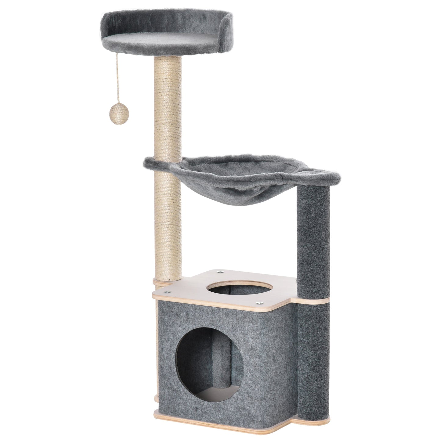 PawHut Cat Tree for Indoor Cats 95cm Climbing Tower Kitten Activity Center with Sisal Scratching Post Perch Roomy Condo Hammock Removable Felt Hanging Toy