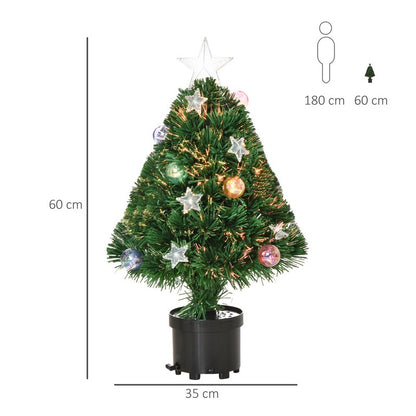 Homcom 2FT Pre-Lit Artificial Christmas Tree Tabletop Multicoloured Fibre Optic Xmas Decoration with LED Lights Green