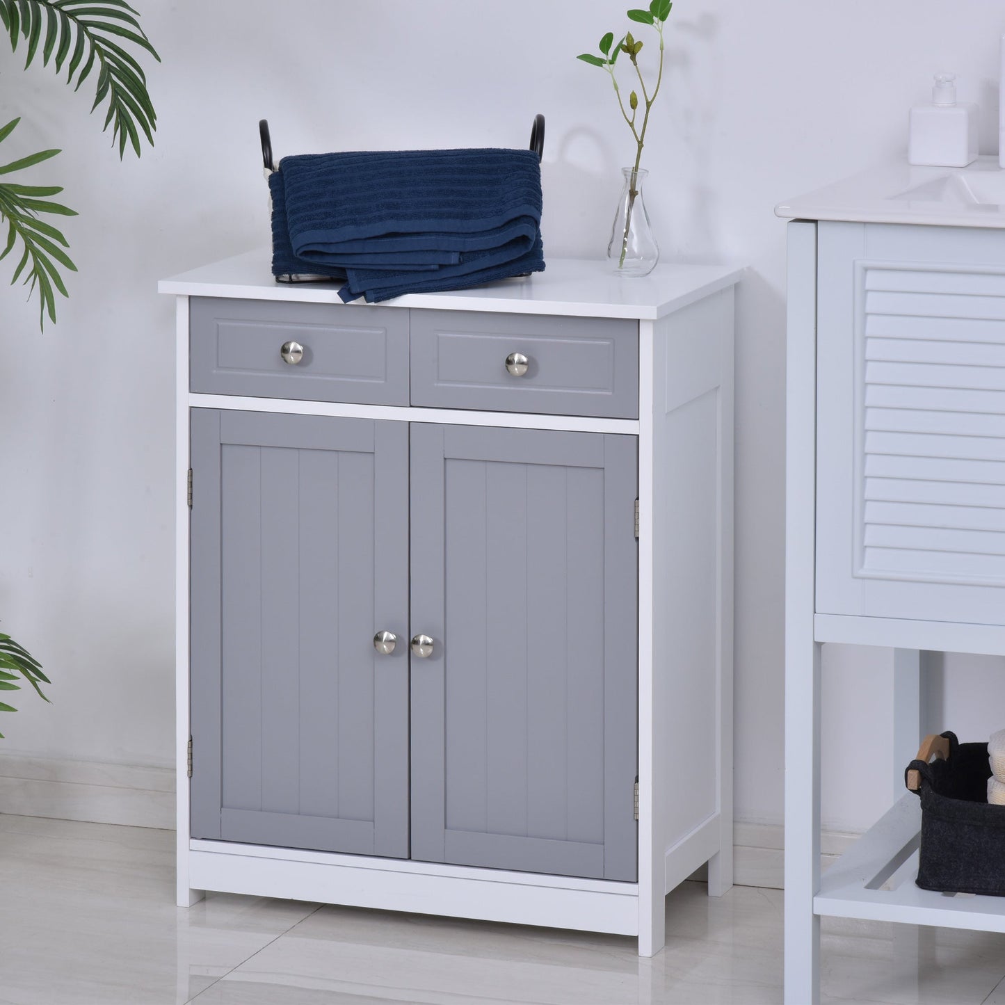 Kleankin 75X60cm Freestanding Bathroom Storage Cabinet Unit W/ 2 Drawers Cupboard Adjustable Shelf Metal Handles Traditional Style Grey White