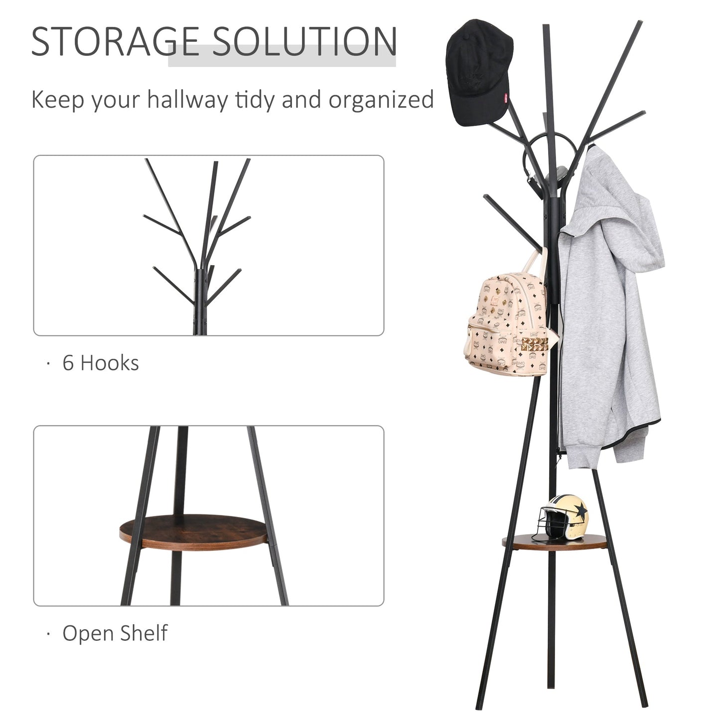 Homcom Free Standing Metal Coat Rack Stand 9 Hooks With Shelf In Brown