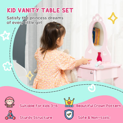 Kids Vanity Table & Stool Girls Dressing Set Make Up Desk Chair Dresser Play Set with Mirror Pink