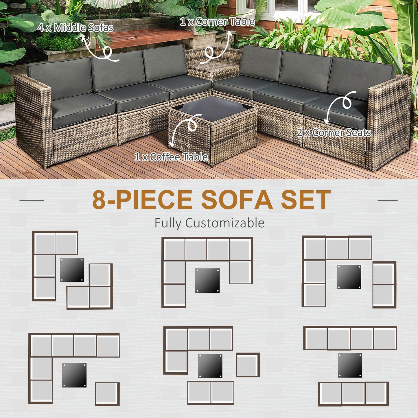 8-Piece Rattan Garden Furniture Patio Sofa and Table Set with Cushions 6 Seater Corner Outdoor Wicker Seat with Storage