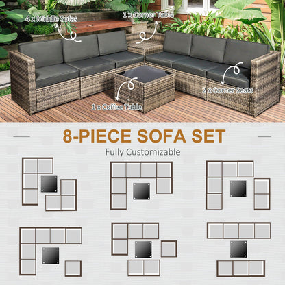 8-Piece Rattan Garden Furniture Patio Sofa and Table Set with Cushions 6 Seater Corner Outdoor Wicker Seat with Storage