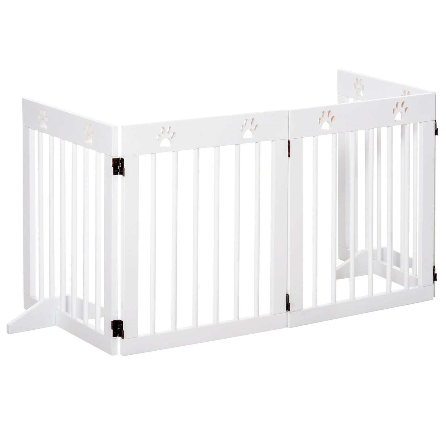 Pawhut Freestanding Pet Gate 4 Panel Wooden Dog Barrier Folding Safety Fence With Support Feet Up To 204cm Long 61cm Tall For Doorway Stairs White