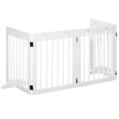 Pawhut Freestanding Pet Gate 4 Panel Wooden Dog Barrier Folding Safety Fence With Support Feet Up To 204cm Long 61cm Tall For Doorway Stairs White