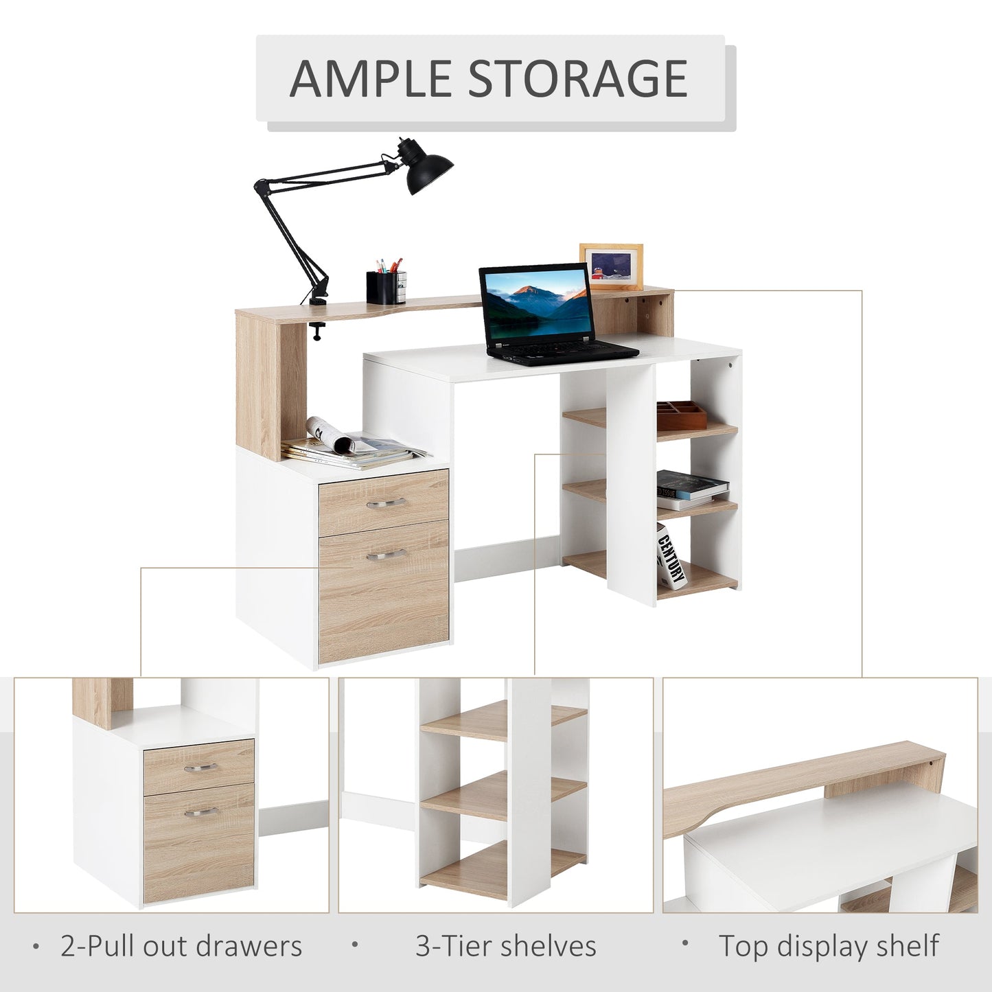 Computer Desk PC Table Modern Home Office Writing Workstation Furniture Printer Shelf Rack w/ Storage Drawer & Shelves Oak and white