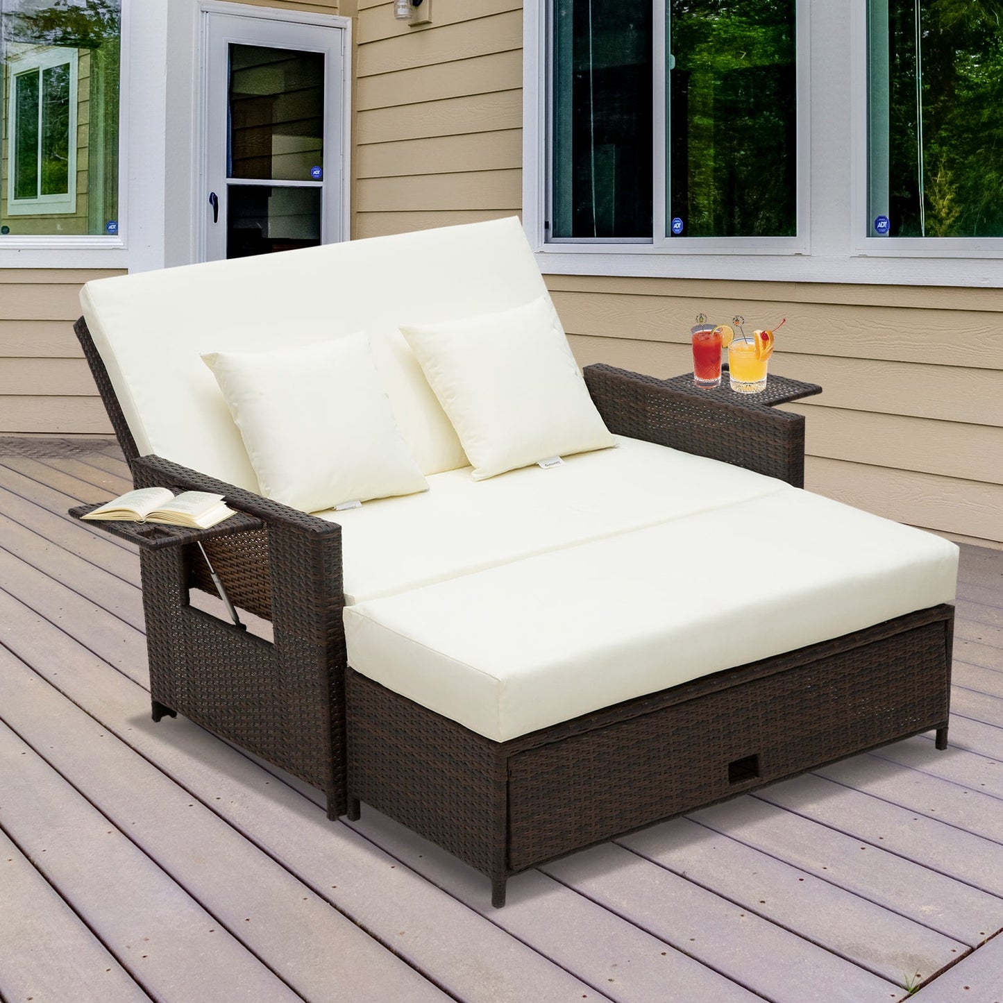 Outsunny Rattan Sun Lounger 2 Seater Day Bed-Brown