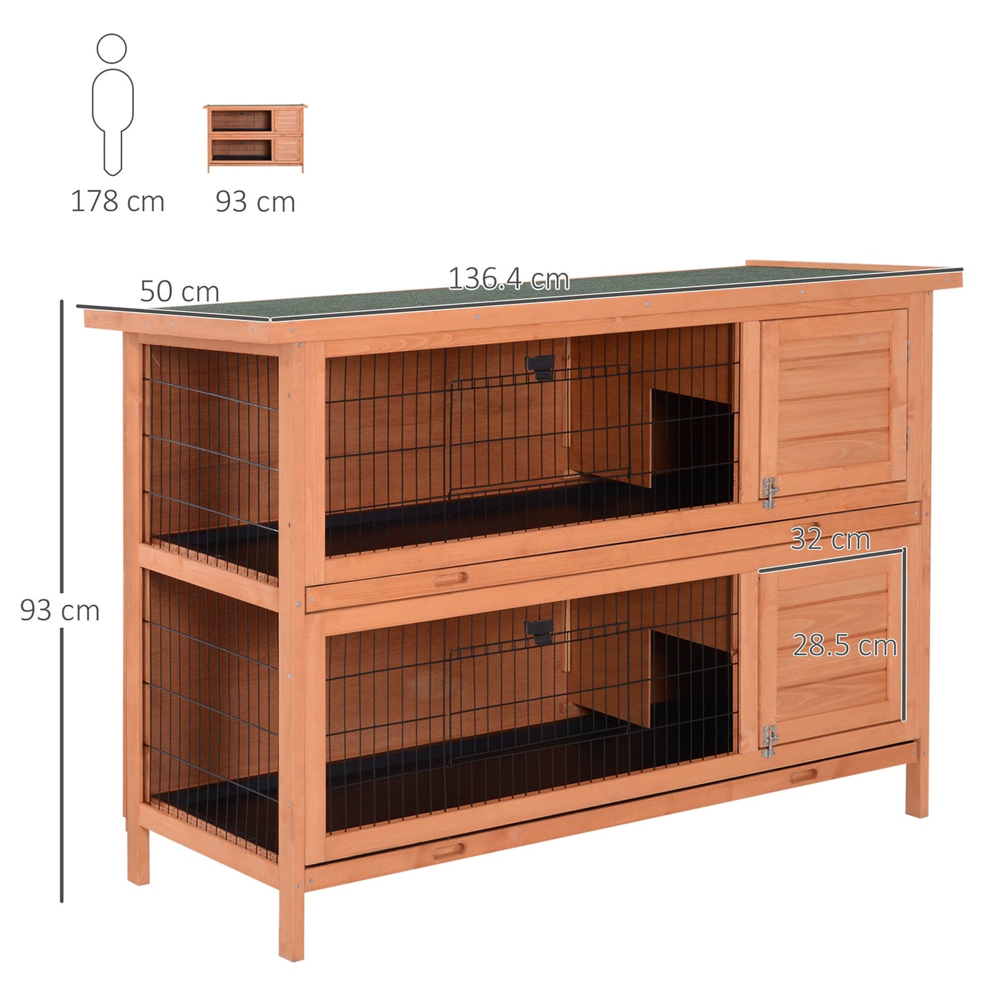 PawHut Double Decker Rabbit Hutch 4FT Guinea Pig Cage with No Leak Trays for Outdoor