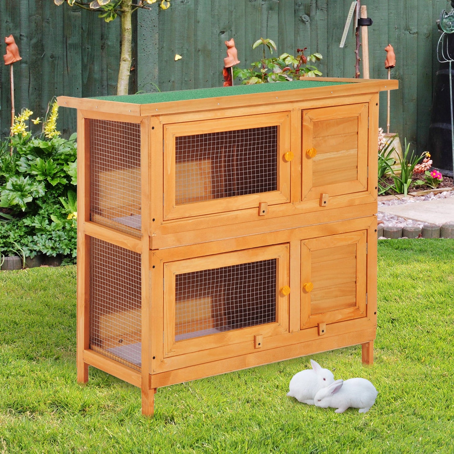 PawHut 2-Tier Wooden Rabbit Hutch Guinea Pig Hutch Duck House Double Decker Pet Cage with Sliding Tray Opening Top