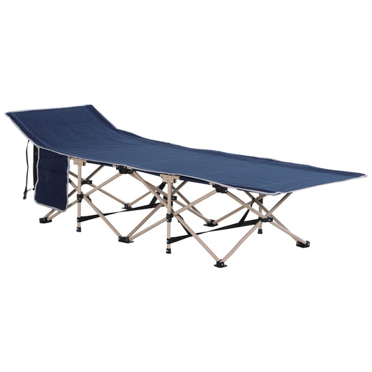 Single Person Camping Bed Folding Cot Outdoor Patio Portable Military Sleeping Bed Travel Guest Leisure Fishing with Side Pocket and Carry Bag - Blue