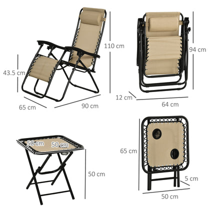 Outsunny 3pcs Folding Zero Gravity Chairs Sun Lounger Table Set w/ Cup Holders Reclining Garden Yard Pool