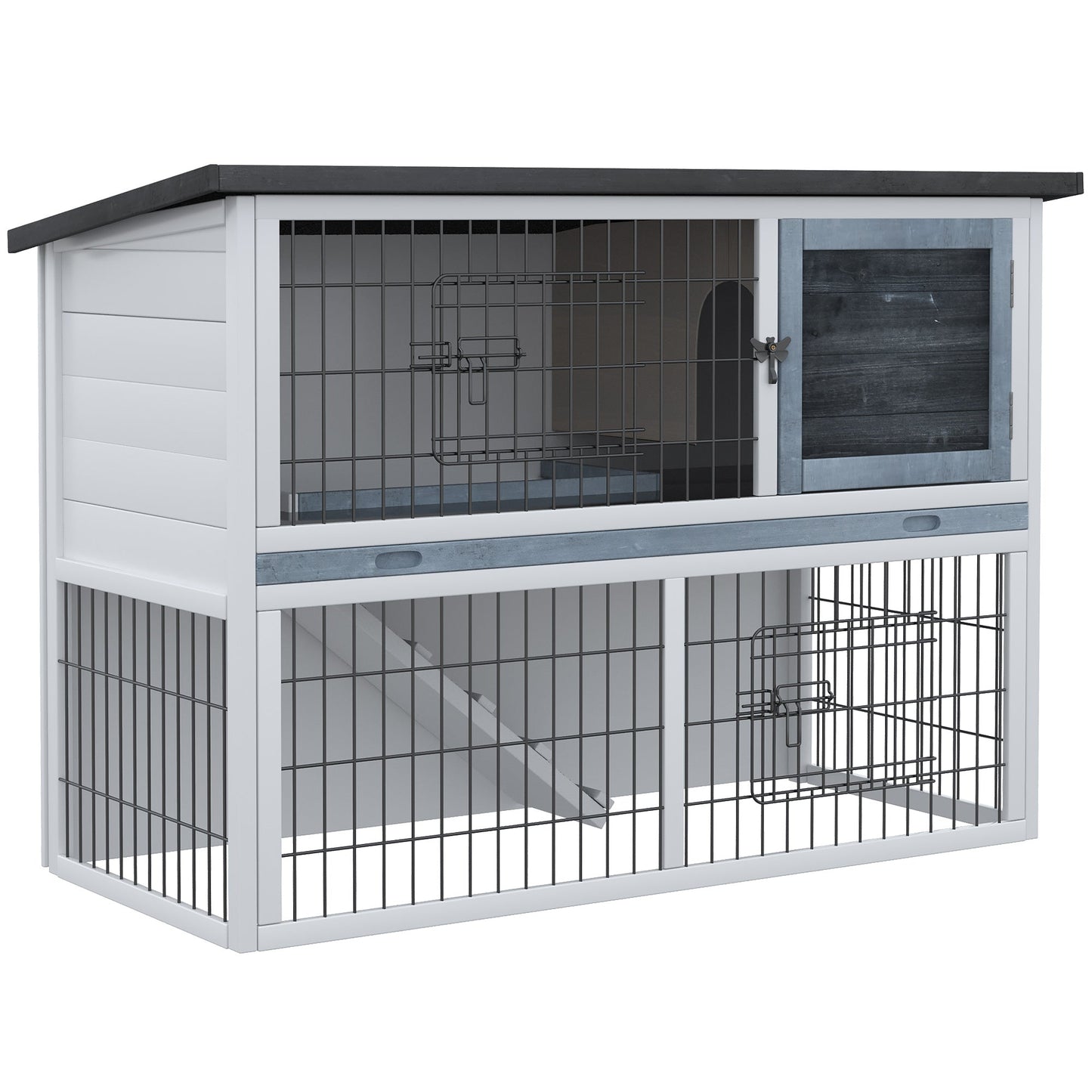 PawHut 2-Tier Wooden Rabbit Hutch Guinea Pig House Bunny Cage Backyard w/ Ramp Outdoor Run Built-in Tray Openable Roof Small Animal House Grey