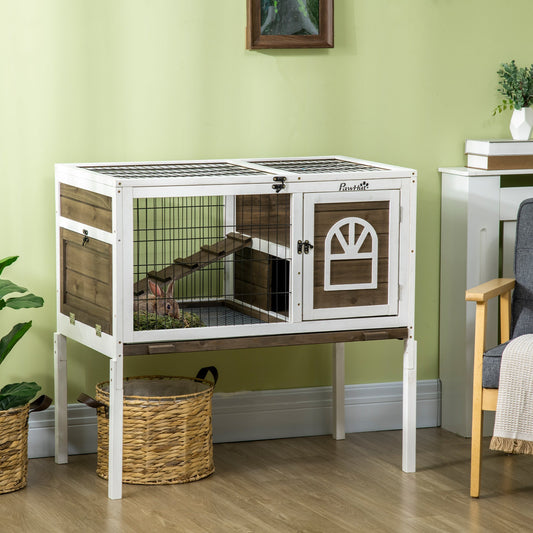 PawHut Wooden Rabbit Hutch with Openable Roof