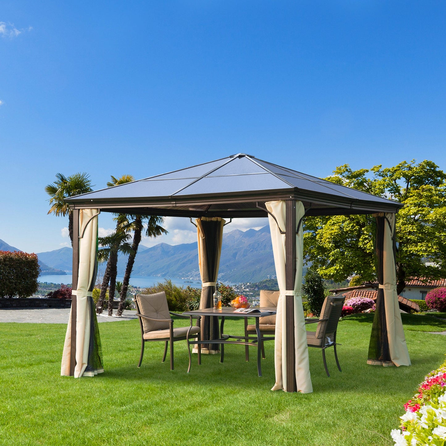 3x3 m Gazebo W/Mosquito Net-Brown/Black/Beige