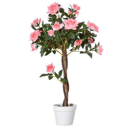 90cm/3FT Artificial Rose Tree Fake Decorative Plant w/ 21 Flowers Pot Indoor Outdoor Faux Decoration Home Office Décor Pink & Green