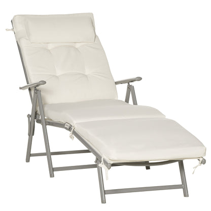 Outdoor Patio Sun Lounger Garden Textilene Foldable Reclining Chair Pillow Adjustable Recliner with Cushion - Cream White