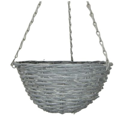 Garden Hanging Basket Grey Rattan Round 35cm By Croft