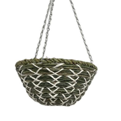 Garden Hanging Basket Dark Brown Rattan White String Round 30cm By Croft