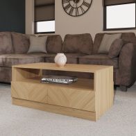 See more information about the Catania Coffee Table Light Brown 1 Shelf 4 Drawers