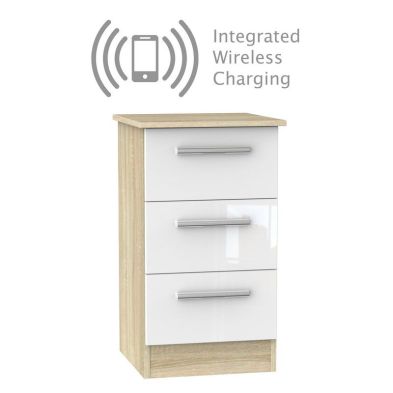 Product photograph of Buxton Wireless Charger Slim Bedside Table Natural White 3 Drawers from QD stores