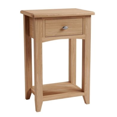 See more information about the Oxford Oak Tall Side Table Natural 1 Shelf 1 Drawer