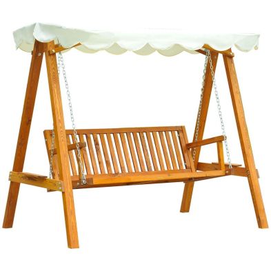 Outsunny 3 Seater Wooden Garden Swing Seat Canopy Swing Chair Outdoor Hammock Bench Cream White